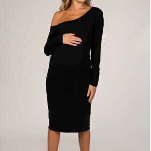 PinkBlush Black One Shoulder Fitted Midi Maternity Dress